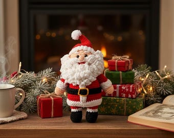 May include: A crocheted Santa Claus doll with a white beard, red suit, and black boots stands on a wooden surface. Presents wrapped in red, green, and patterned paper are stacked behind it. A mug and open book are also on the surface.
