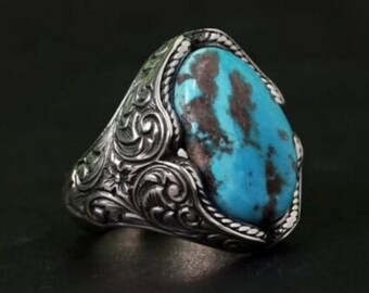 Vintage Turquoise Ring for Men: Filigree Signet Ring, Handmade Bold Statement Ring, Turquoise Jewelry