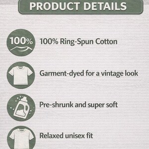 May include: A graphic with the text "PRODUCT DETAILS" at the top. The text below describes the product as 100% ring-spun cotton, garment-dyed for a vintage look, pre-shrunk and super soft, and a relaxed unisex fit.