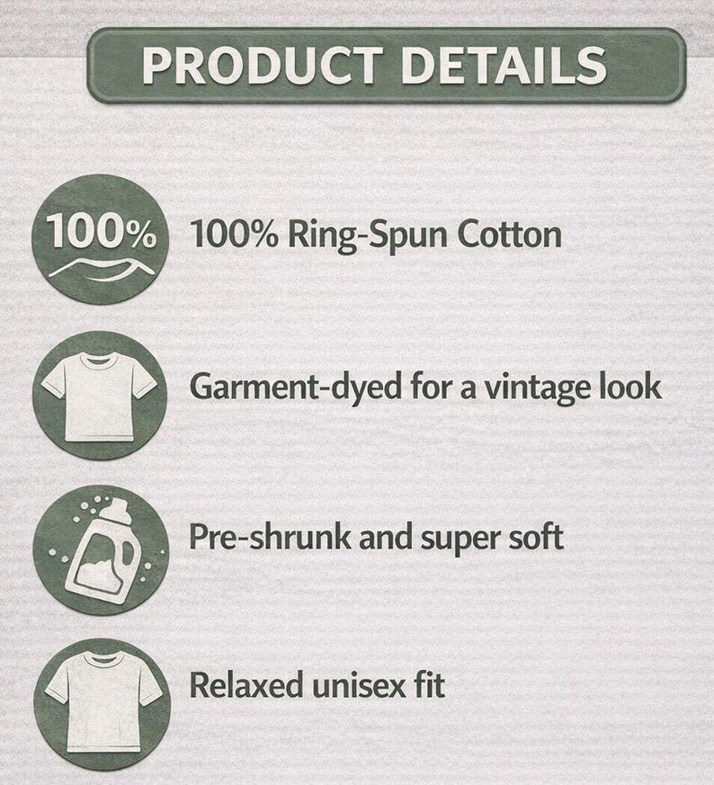 May include: A graphic with the text "PRODUCT DETAILS" at the top. The text below describes the product as 100% ring-spun cotton, garment-dyed for a vintage look, pre-shrunk and super soft, and a relaxed unisex fit.