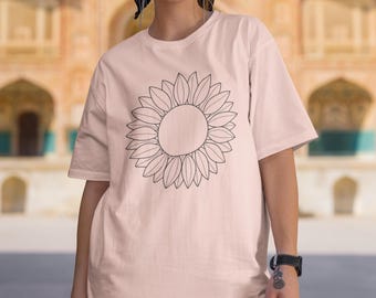 Oversized Sunflower Line Art T-Shirt, Minimalist Boho Cotton Tee