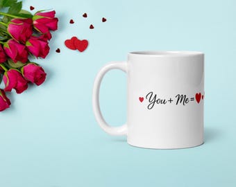 Taza de San Valentín "Tú + Yo": Taza de café con un bonito mensaje de amor, regalo romántico para él o ella, taza de pareja, regalo de San Valentín, taza de cerámica de 325 ml