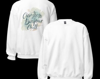 Sudadera Ciao Stress Hello Chill | Suéter con cita bilingüe | Estética minimalista y acogedora | Regalo relajante