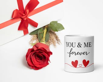 Taza "Tú y yo para siempre" - Taza romántica de San Valentín - Regalo de amor para parejas, taza de aniversario, diseño minimalista de corazón