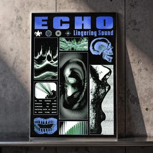 May include: Framed poster with the word "ECHO" in blue, along with "Lingering Sound." The poster features various black and white and green graphic designs, including a skull, an ear, and abstract shapes. The poster is displayed against a concrete wall.