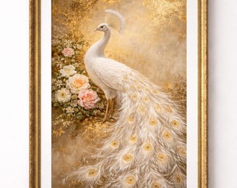White Peacock Gold Wall Art, Vintage Floral Poster, Botanical Printable, Warm Luxury Decor, Elegant Nature Artwork, Antique Scene