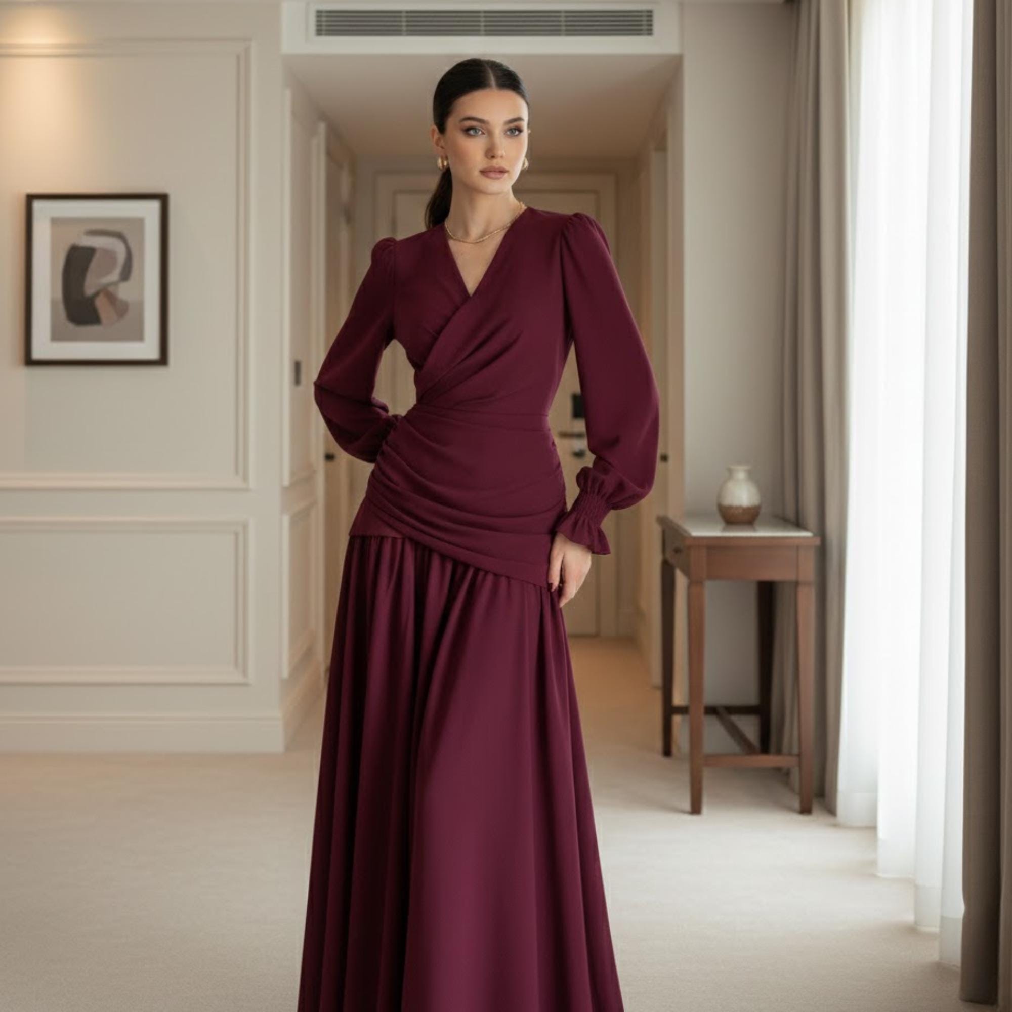 Camicia Maxi In Velluto Nero, Stile Francese Retrò – Scollo A V, Bottoni, Vestito Elegante Da Festa Per Donna - copertina