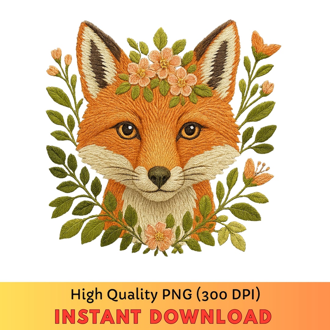 Faux Embroidery PNG Floral Fox, Beautiful Fox Face Pattern, Woodland ...