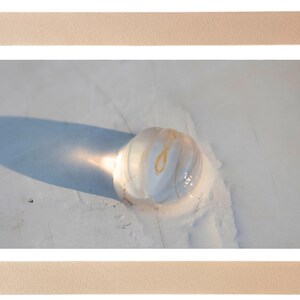 May include: A framed photograph featuring a close-up of a translucent, spherical object with a light-colored, textured surface. The object casts a long shadow on a light-colored surface. The frame is a light beige color.