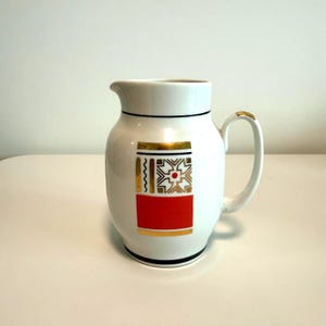 Vintage Soviet Porcelain Creamer - Kamenno-Brodsky Ukraine - Orange & Gold Geometric Milk Jug - MCM USSR Tea Service - 5" Small Pitcher