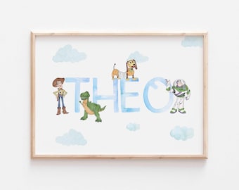 Toy Story Name Print, Personalised Kids Baby Disney Nursery Wall Art Woody Buzz Decor