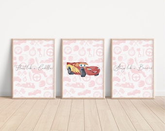 SET OF 3 Cars Nursery Prints, Lightning McQueen Quote Decor, Kids Bedroom Wall Art