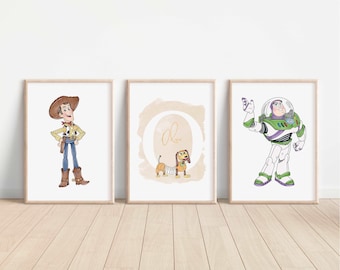 SET OF 3 Personalised Toy Story prints, Disney Nursery Decor, Woody Buzz Wall Art