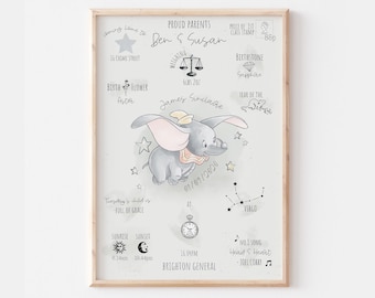 Dumbo Dagen du föddes-tryck, personlig barnbebis Disney barnrumsväggkonst elefantdekor