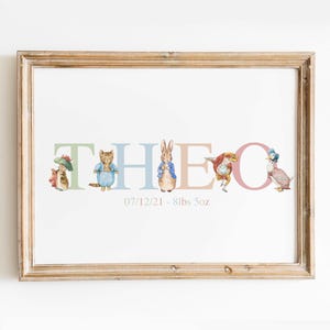 Könnte beinhalten: Gerahmter Druck mit dem Namen "THEO" in Pastellfarben, mit Illustrationen von Märchenfiguren. Unter dem Namen stehen das Datum "07/12/21" und das Gewicht "3,6 kg". Der Rahmen ist hellbraun.