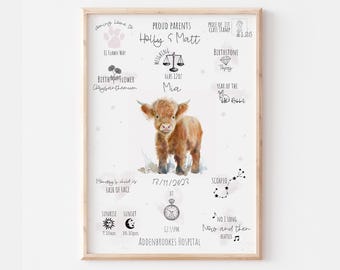 Highland Cow Birth Stats Print, Nursery Wall Art Decor
