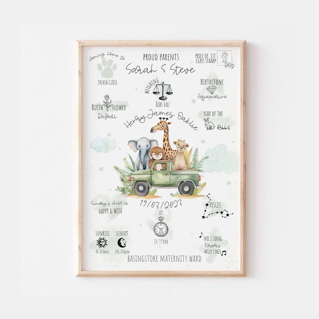 Safari Animals Nursery Print: Personalised Baby Birth Details - Etsy