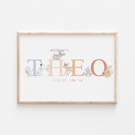 Disney Classics Name Print, Personalised Kids Newborn Baby Disney Nursery Wall Art, Simba Bambi Decor