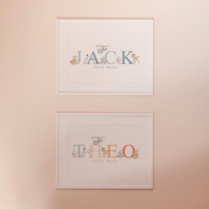 K&ouml;nnte beinhalten: Zwei gerahmte Drucke mit Namen und Daten. Der obere Druckbuchstabiert "JACK" in blauen Buchstaben, mit Tierillustrationen. Der untere Druckbuchstabiert "THEO" in blauen und orangefarbenen Buchstaben, ebenfalls mit Tierillustrationen. Beide Drucke sind in wei&szlig;en Rahmen.