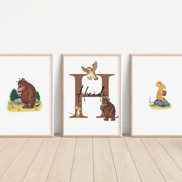 SET OF 3 Gruffalo Name Print, Personalised Kids Baby Mouse Nursery Wall Art, Storybook Decor