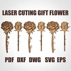 Puede incluir: Flores de regalo de madera cortadas con láser, cada una con un diseño de rosa y una palabra diferente en el tallo: Bestiana, Forverino, Love You, For You, Soulmate y Sentimento. También se muestra el texto "LASER CUTING GIFT FLOWER" y las opciones de tipo de archivo.