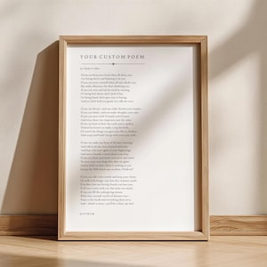 May include: A vertical rectangular wooden frame containing a white print with the title YOUR CUSTOM POEM at the top, followed by the text of the poem If and the word AUTHOR at the bottom. The frame has a light brown finish and clean lines.