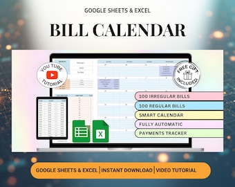 Bill Calendar  google sheets budge texcel template for bill tracker digital planner instant download