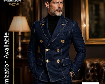 Herren Jeansanzug | Zweireihiger Jeansblazer | Blauer Jeansanzug Herren | Slim Fit 2-teiliger Anzug | Lässiges Hochzeits Outfit | KOSTENFREIER VERSAND