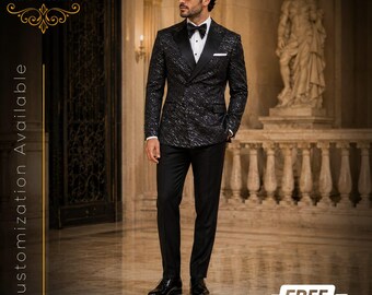FREE SHIPPING | Black Velvet Tiger Print Tuxedo | Double Breasted Satin Lapel Suit | Luxury Groom Wedding Tuxedo | Designer Prom Outfit