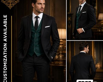 FREE SHIPPING | Hunter Green Tuxedo | Men's 3 Piece Suit | Wedding Groom Suit | Slim Fit Tuxedo | Custom Tailored Suit | Groomsmen Suit