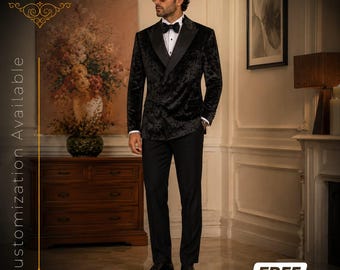 FREE SHIPPING | Black Velvet Tiger Print Tuxedo | Double Breasted Satin Lapel Suit | Luxury Groom Wedding Tuxedo | Designer Prom Blazer
