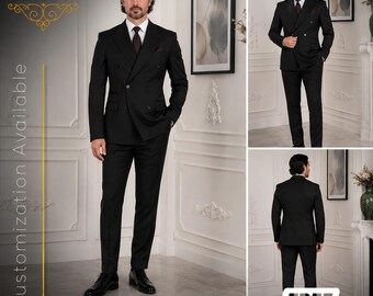 FREE SHIPPING | Black Double Breasted Suit | Men's Slim Fit Peak Lapel Suit | Groom Wedding Formal Outfit | Business Designer Suit