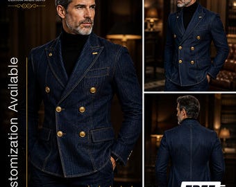 Herren Jeansanzug | Zweireihiger Jeansblazer | Blauer Jeansanzug Herren | Slim Fit 2-teiliger Anzug | Lässiges Hochzeits Outfit | KOSTENFREIER VERSAND
