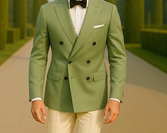 メンズグリーンダブルブレストスーツ：スリムフィットヴィンテージ