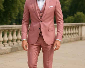 ゼニア　ピンクスーツセット メンズ ピンク 3ピーススーツ – スリムフィット 結婚式・フォーマル