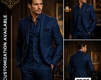 FREE SHIPPING | Handmade Blue Tuxedo Suit | Men's 3 Piece Wedding Suit | Blue Groom Suit | Slim Fit Tuxedo | Custom Tailored Suit