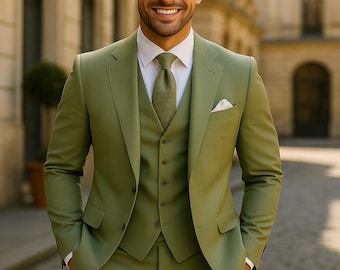 Maßgeschneiderter dreiteiliger Salbeigrüner Slim Fit Anzug, Hochzeit Bräutigam Outfit