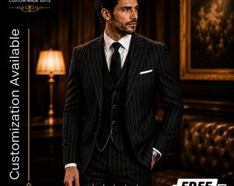 KOSTENFREIER VERSAND | Schwarzer Nadelstreifen 3-Teiler Herren | Hochzeit Bräutigam Anzug | Business Anzug | Maßgeschneiderte Slim Fit Anzug