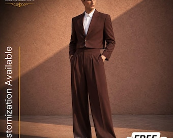 KOSTENFREIER VERSAND | Schokoladenbrauner Cropped Anzug Herren | Hohe Taille Bundfaltenhose | Retro Maßgeschneidertes Outfit | Designer Hochzeitsanzug