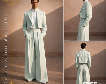 FREE SHIPPING | Mint Green Cropped Suit Men | Wide Leg Pants Suit | Wedding Groom Outfit | Designer Statement Menswear | Modern Tailored Sui