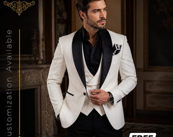 FREE SHIPPING | White Brocade Tuxedo for Men | 3 Piece Wedding Tuxedo | Groom Suit | Black Shawl Lapel Suit | Slim Fit Designer Suit