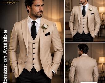 Beige 3-Teiler Herren | Hochzeit Bräutigam Anzug | Slim Fit Smoking | Schwarzer Hosenanzug | Maßgeschneiderte Abendgarderobe | KOSTENFREIER VERSAND