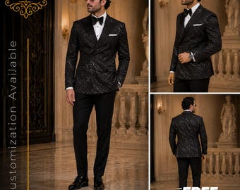 FREE SHIPPING | Black Velvet Tiger Print Tuxedo | Double Breasted Satin Lapel Suit | Luxury Groom Wedding Tuxedo | Designer Prom Outfit