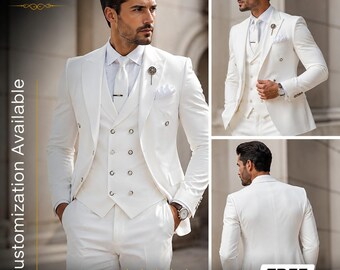 Weißer Frack Herren | Hochzeitsanzug 3-Teiler | Zweireiher Westenanzug | Bräutigam Smoking | Slim Fit Abendkleidung | KOSTENFREIER VERSAND