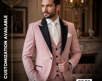 FREE SHIPPING | Pink Tuxedo Suit for Men | 3 Piece Wedding Suit | Blush Pink Groom Tuxedo | Black Lapel Prom Suit | Slim Fit Designer Suit