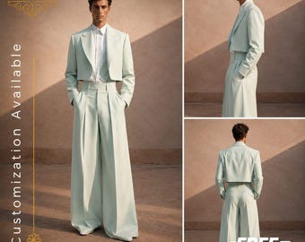 FREE SHIPPING | Mint Green Cropped Suit Men | Wide Leg Pants Suit | Wedding Groom Outfit | Designer Statement Menswear | Modern Tailored