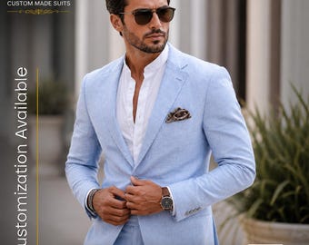 FRETE GRÁTIS | Terno de Linho Azul Celeste Masculino | Terno Masculino para Casamento na Praia | Terno Masculino para Noivo | Terno de Linho de Verão | Terno de Duas Peças Masculino