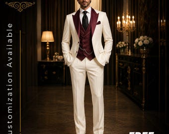 KOSTENFREIER VERSAND | Ivory Burgundy Herren Smoking | Hochzeit Bräutigam Anzug | 3-teiliges Smoking Set | Schal Revers Anzug | Zweireihige Weste