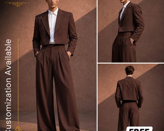 KOSTENFREIER VERSAND | Schokoladenbrauner Cropped Anzug Herren | Hohe Taille Bundfaltenhose | Retro Maßgeschneidertes Outfit | Designer Hochzeitsanzug