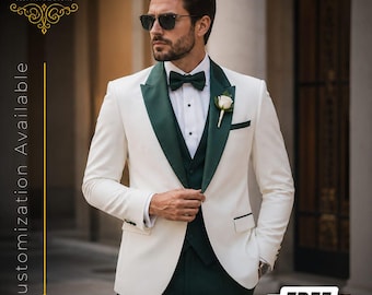 FREE SHIPPING | Off White & Hunter Green 3 Piece Suit for Men | Wedding Groom Suit | Groomsmen Suit | Custom Tailored Suit